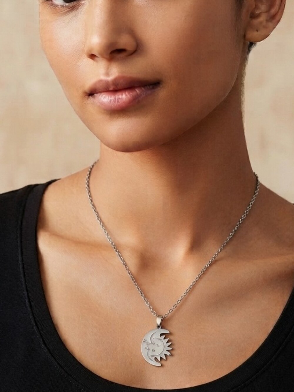 Stainles Steel Sun & Moon Pendant Necklace - Silver